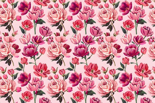Seamless pink floral pattern with tulips and rose flowers, a vector illustration of spring nature's delicate textile design
