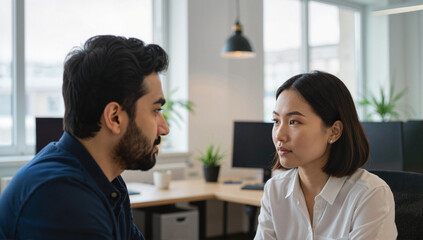 Fototapeta premium Man and woman having serious office conversation