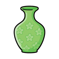 A simple cartoon illustration of a green vase with a flower pattern, perfect for home decor, floral, and interior design concepts.