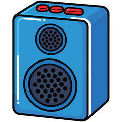 A simple cartoon illustration of a blue speaker box with buttons, ideal for music, audio, and technology themes.