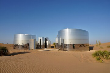 Obraz premium Industrial fuel storage tanks on a field with a blue sky