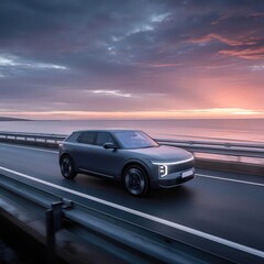 Obraz premium Electric SUV on Coastal Highway at Sunset
