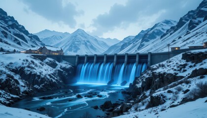 Gentle Sapphire Neon wash across the Hydroelectric Dam, set against a backdrop of snow covered Mountains.