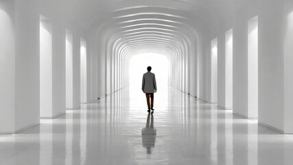 Leading the Way: A solitary figure walks with purpose down a modern, expansive hallway, bathed in light. The architecture creates a sense of ambition, with the future unfolding before them.