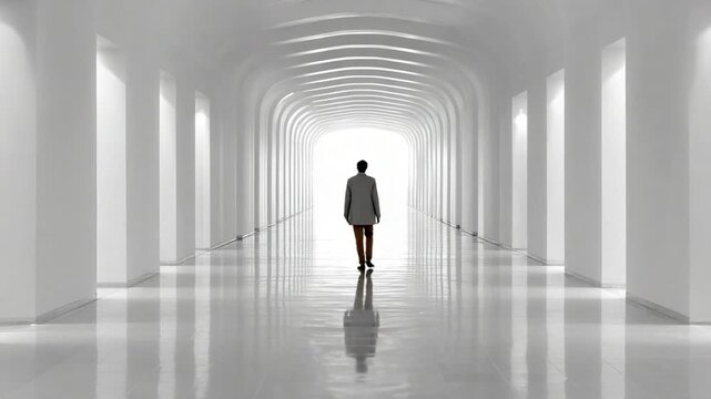 Leading the Way: A solitary figure walks with purpose down a modern, expansive hallway, bathed in light. The architecture creates a sense of ambition, with the future unfolding before them.