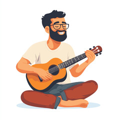 Obraz premium Bearded Man Playing Guitar with Joyful Expression