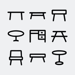 Fototapeta premium Furniture minimal line icons set chairs and tables silhouette vector illustration