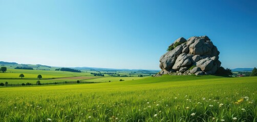 Azure Sky Above Green Fields  A Dairy Farm Backdrop with Lush Grass and a Timeless Rock Outcrop, bathed in the Radiance of Daylight.