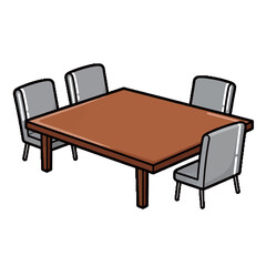 A simple cartoon illustration of a wooden dining table with four chairs, perfect for home furniture, interior design, and dining concepts.