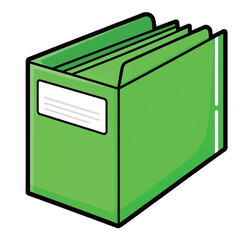 A simple cartoon illustration of a green file box with document folders, representing office, organization, and business concepts.