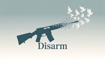 Symbol of Peace: A symbolic representation of disarmament is shown here, where a rifle transforms into doves. This striking image evokes a message of hope and peace.