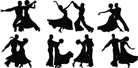 Ballet Dancer Silhouette Collection Vector Illustration,Black and white vector silhouette of couple dancing,set of men and women street dancers in silhouette, Set of black solid people dancing,Ai