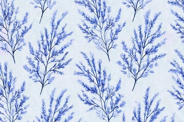 Fototapeta premium Blue Botanical Seamless Pattern on White