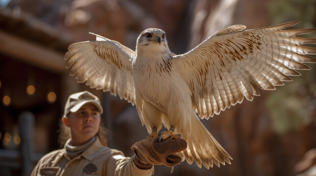 Falconer Releasing a Bird into the Air with Wings Spread Wide