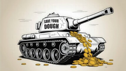 Save Your Dough: A dynamic illustration of a war tank overflowing with golden coins, symbolizing financial prudence and savings, capturing the essence of wealth management