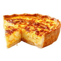 Golden quiche, slice removed, flaky crust