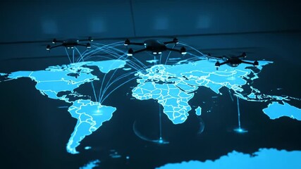 World Connectivity: Aerial drones connected around the world on an interconnected map, symbolizing a revolution in communication and technology. - Powered by Adobe