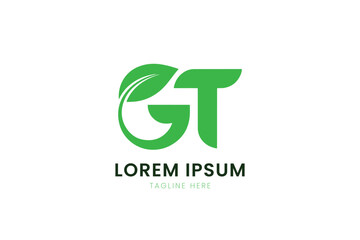 Minimalist green gt logo with leaf element and lorem ipsum placeholder text