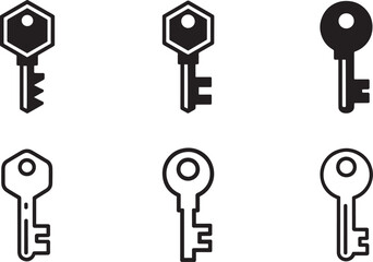 Key Icons Set Depicting Various Key Styles and Designs in Black and White Outlines