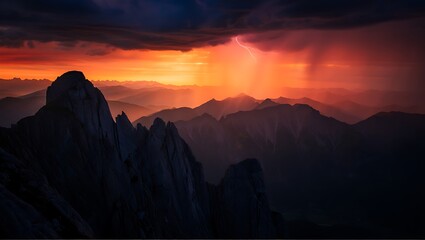 Spectacular mountain range view during dramatic thunderstorm weather