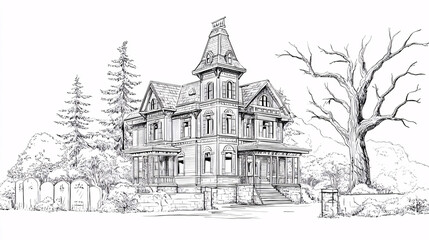 Haunted Victorian Mansion Sketch isolated on transparent background