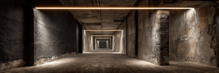 Long, illuminated corridor with aged concrete walls.