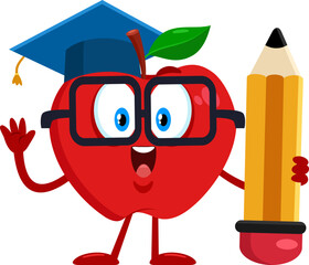 Smart Red Apple Cartoon Character Holding Big Pencil - Vector Illustration Flat Design Isolated On Transparent Background