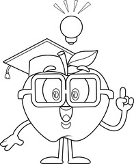 Happy Apple Teacher Cartoon Character With Graduation Cap And Glasses Having An Idea With Light Bulb – Black and White Vector Hand Drawn Illustration Isolated On Transparent Background