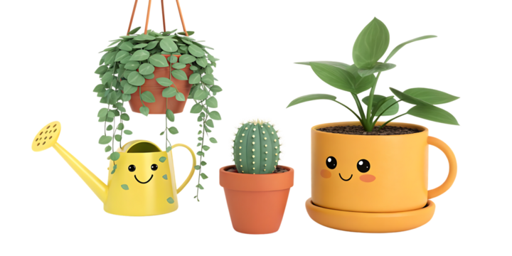 Cute Plant Friends with Smiling Faces white background, isolated on transparent background