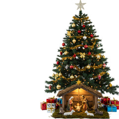 Christmas Tree and Nativity Scene A Festive Holiday Celebration on transparent background