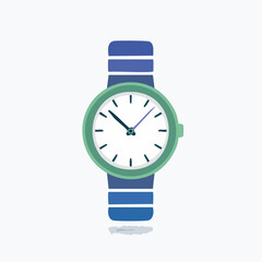 Illustration of a wristwatch with a minimalist design, featuring a blue strap and green casing