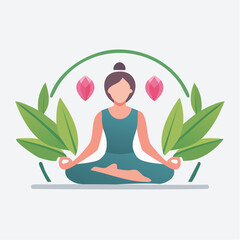 Illustration of a Woman Meditating in Lotus Pose Surrounded by Botanical Elements