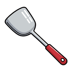 A simple cartoon illustration of a kitchen spatula with a silver head and a red handle, a cooking utensil icon.