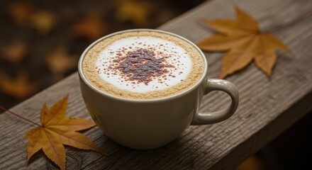 Warm Coffee Cup with Cinnamon Topping and Autumn Leaves on Rustic Wooden Surface