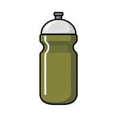 A cartoon illustration of a green water bottle with a gray cap, a reusable and portable drink container.
