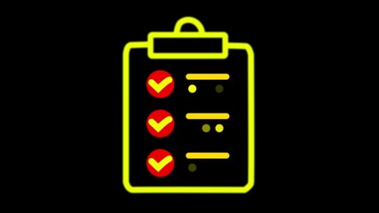 glowing neon check mark list icon on black background.a checklist with a check mark,