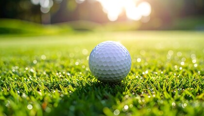 Obraz premium Golf Ball on Lush Green Grass at Sunset.
