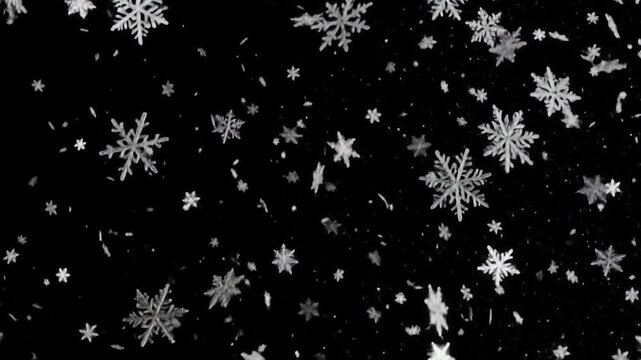 A flurry of delicate white snowflakes of varying sizes falls against a stark black background