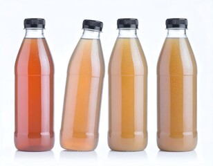 Four clear plastic bottles of beverage