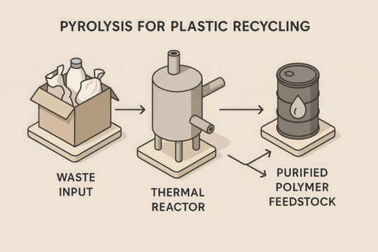 Vector illustration of plastic waste pyrolysis showing thermal reactor process for converting plastic into oil and polymer feedstock.