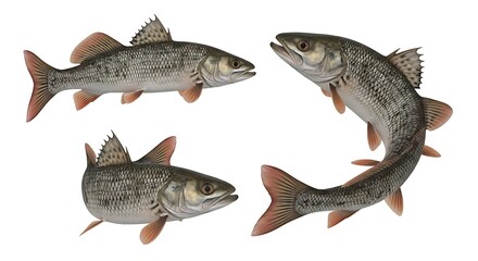 Four Fish in Different Positions Against White Background.