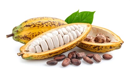 Cacao pod, beans, and chocolate pieces on white background
