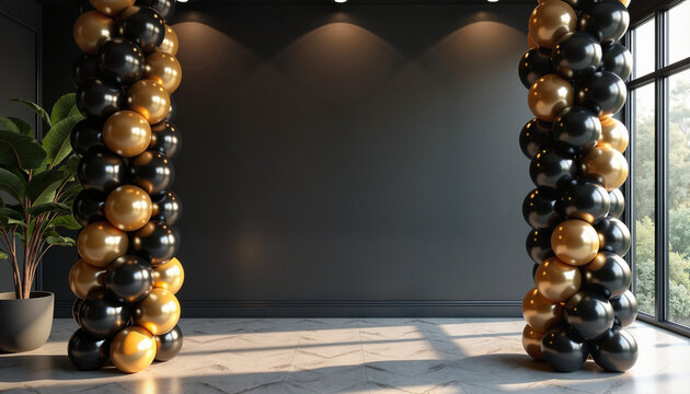 Black and gold balloon columns in an elegant room, with space for text