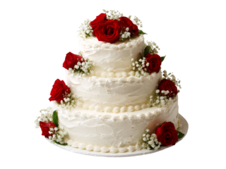 Elegant three tiered wedding cake with red roses, Isolated On White Background, Png Transparent