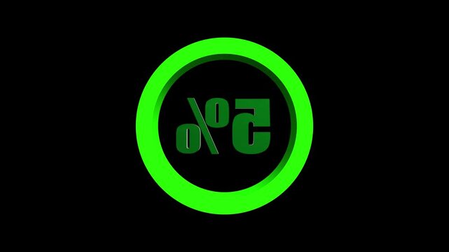 3 D Green Neon Percentage Symbol Rotating Inside Glowing Ring Black Background Abstract Motion Graphic