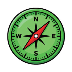 A green and red cartoon compass illustration, a tool for navigation and finding direction.