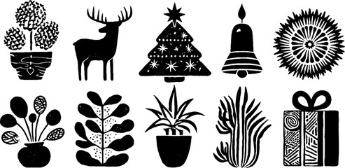 Christmas holiday icons set featuring tree, reindeer, bell, candle, and gift elements for festive design