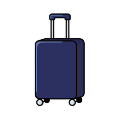 A simple cartoon illustration of a navy blue suitcase with wheels and a handle, travel luggage.