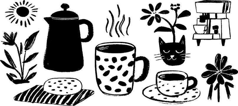 Cozy morning coffee scene with plants and cat illustration for cafe decor
