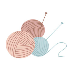 Three balls of yarn for knitting with knitting needles. Vector element for design of craft shop or blog
